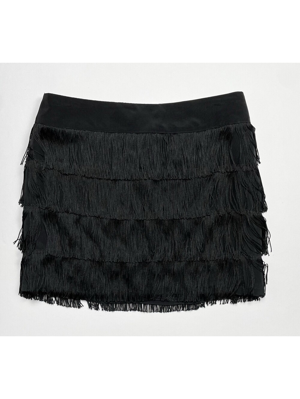 Nanette Lepore Black Tiered Fringe Mini Skirt Size 4 Boho Cowgirl Festival